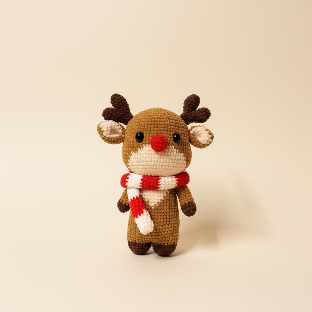 Reindeer Plush Toy with Red Nose and Scarf, Christmas Deer Doll, Holiday Gift